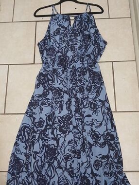 LOFT Womens Size XL Blue and Navy Floral Halter Maxi Dress w/ Attached Belt